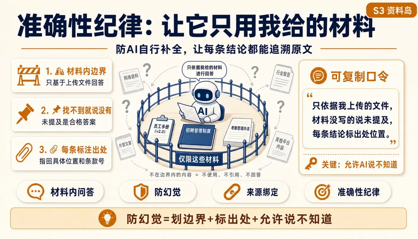 准确性纪律:让它只用我给的材料